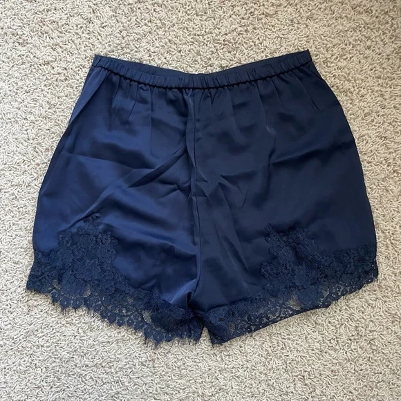 Satin Silk Lace Trim Shorts High Waisted Midnight Blue Size Small NWOT - Picture 4 of 7